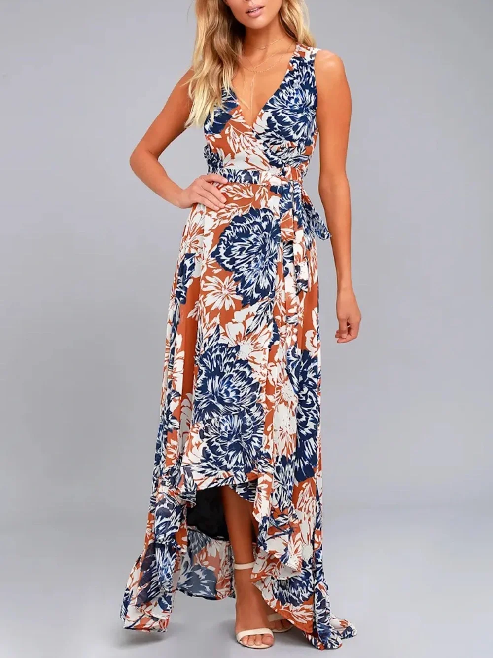 Lulu’s Desert Trip Rust Orange Floral Print High-Low Wrap Dress - Picture 1 of 4
